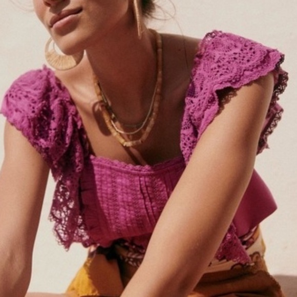 Sezane Lexy Blouse Size 38 French US 6 Square Neck Lace Frill Organic Cotton Top - Picture 3 of 15